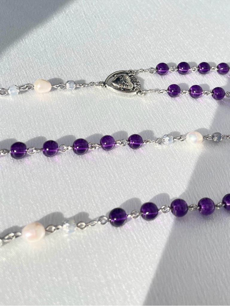 Purple Rosary With Silver Accents And Pearl Our Father Beads